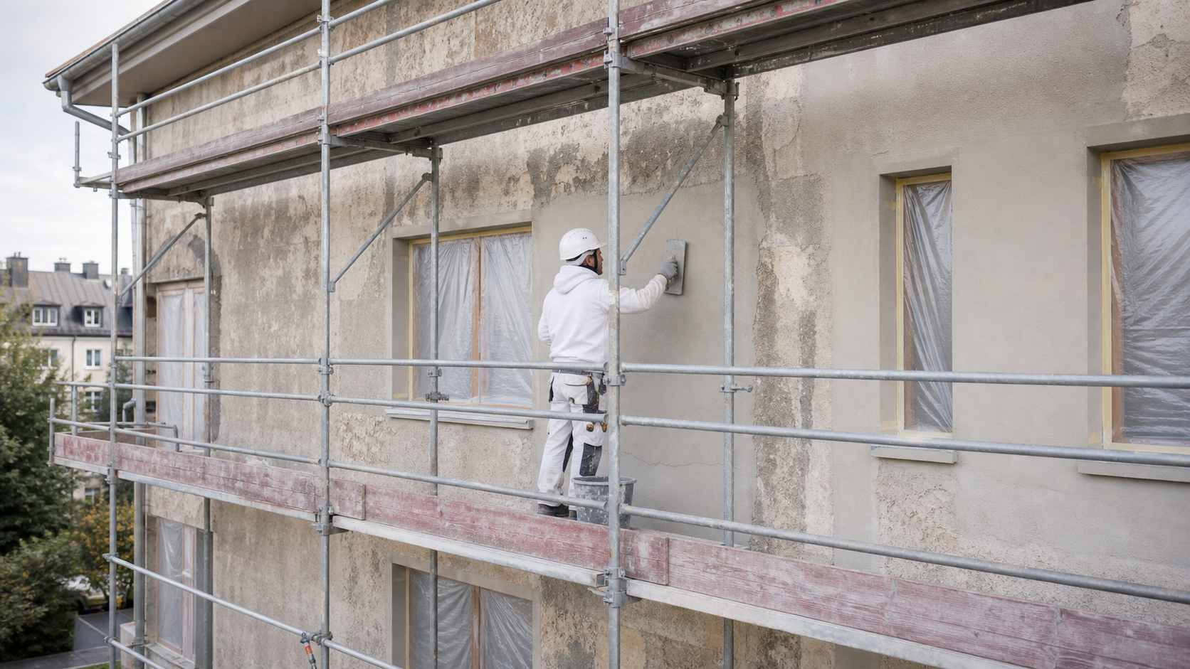 Fasadrenovering i Stockholm med ställning och putsarbete